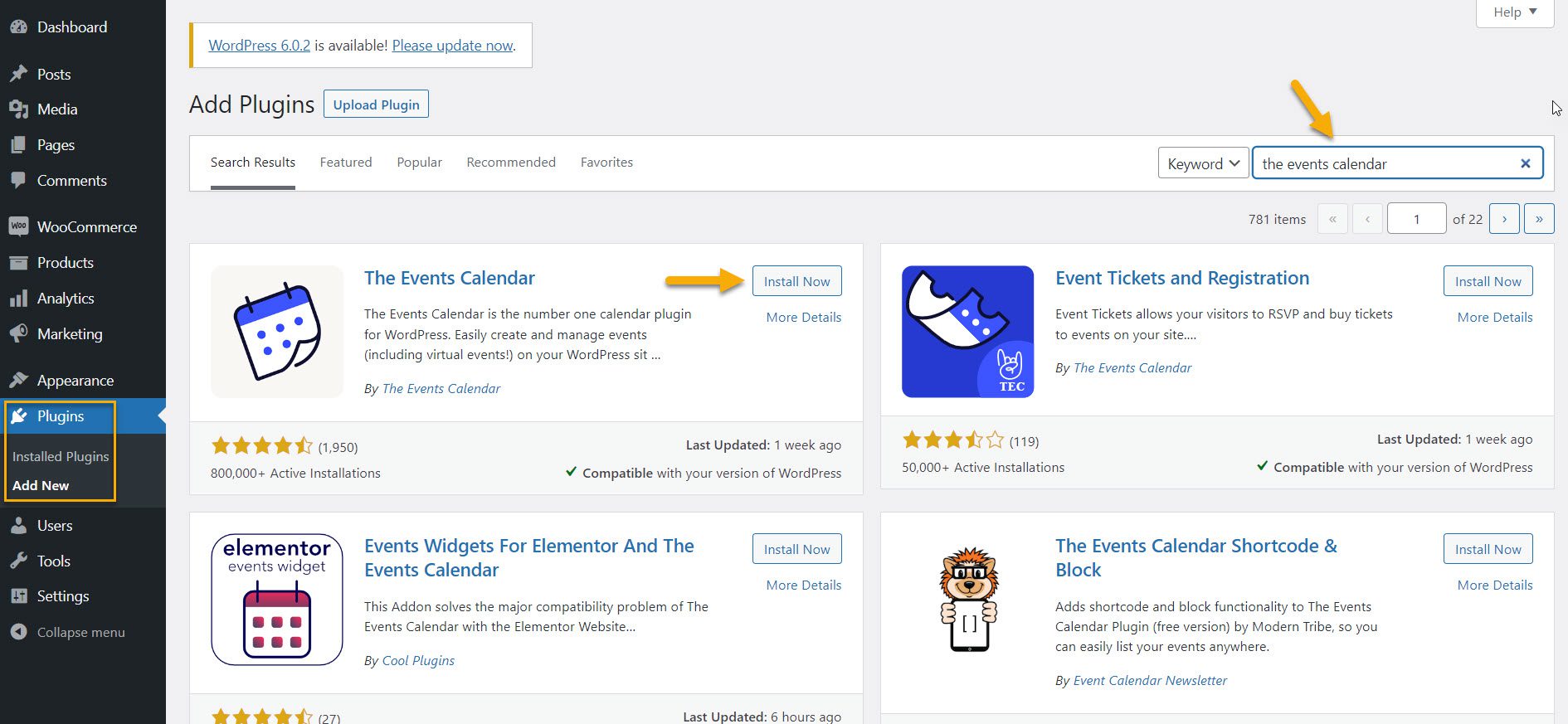 add the events calendar plugin