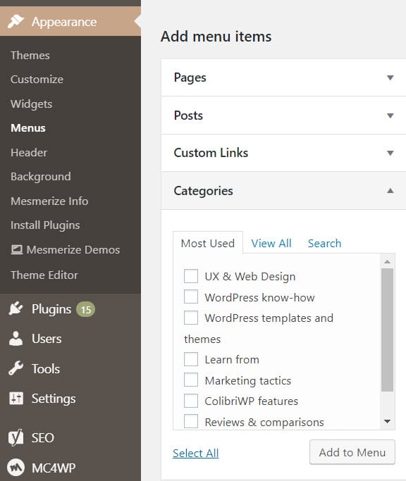 Add WordPress categories to a menu