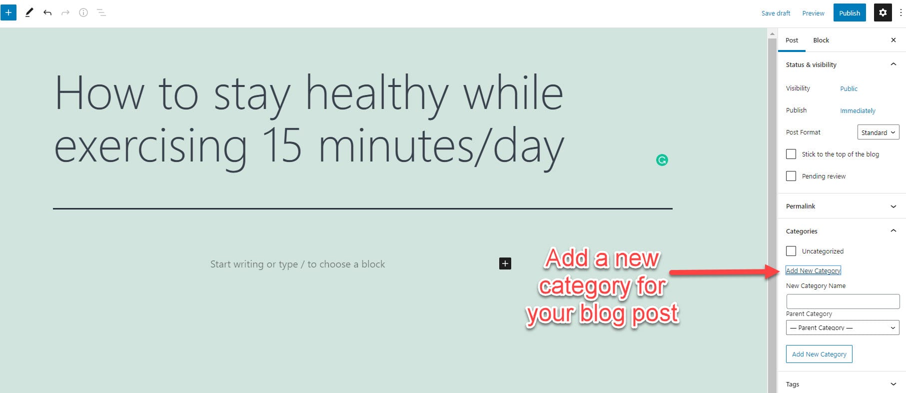 Add WordPress category to blog post