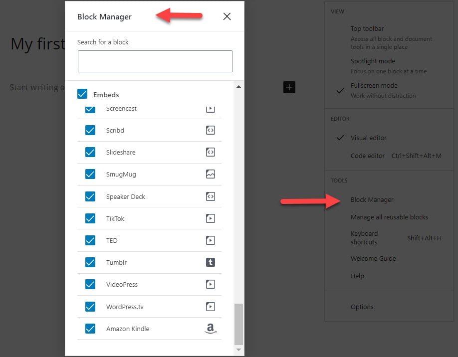 Block manager in Gutenberg editor