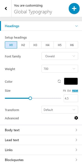 Changing text fonts, size and color under Typography Settings in WordPress