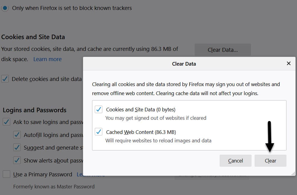 clear data in Firefox