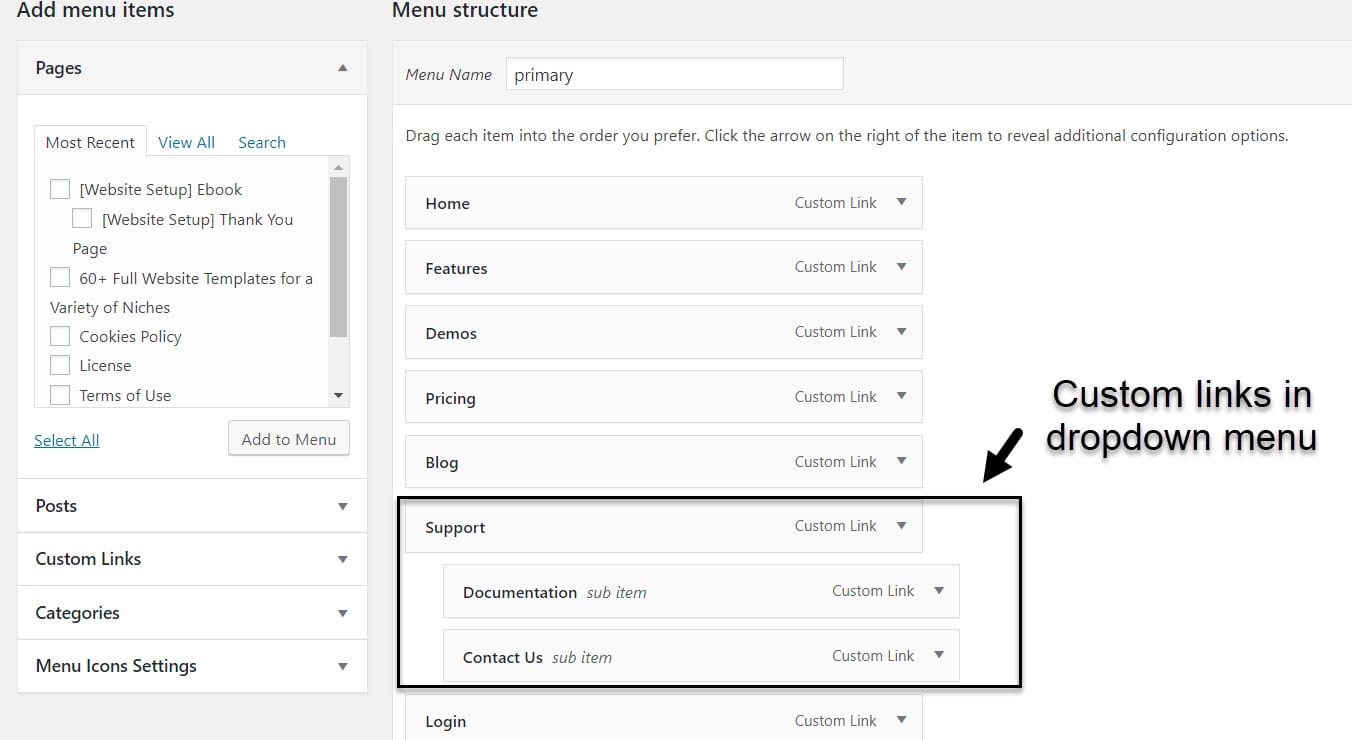 Custom links added to WordPress dropdown menu