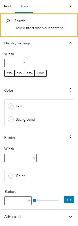 Edit the search block in the block editing panel