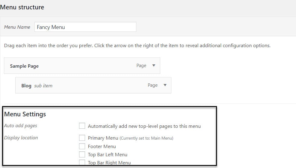 WordPress menu location