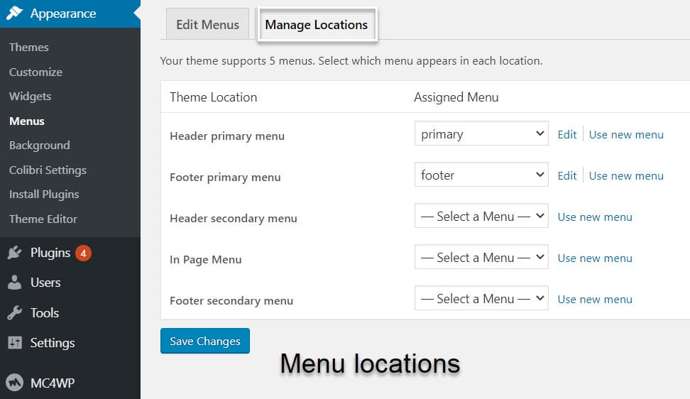 WordPerss menu locations