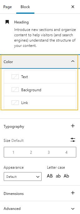 The heading editing panel
