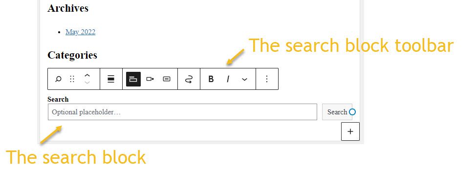The toolbar for the WordPress search block