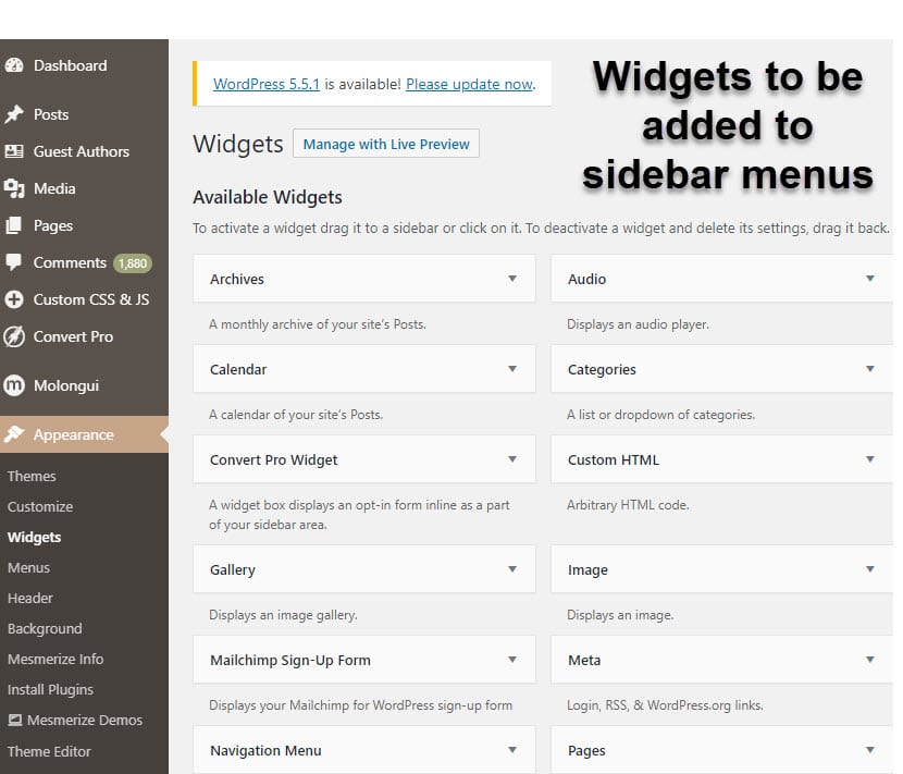 widgets to be added to sidebar menus