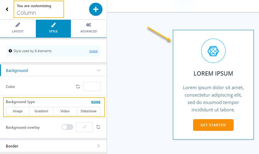 WordPress background changes for a column