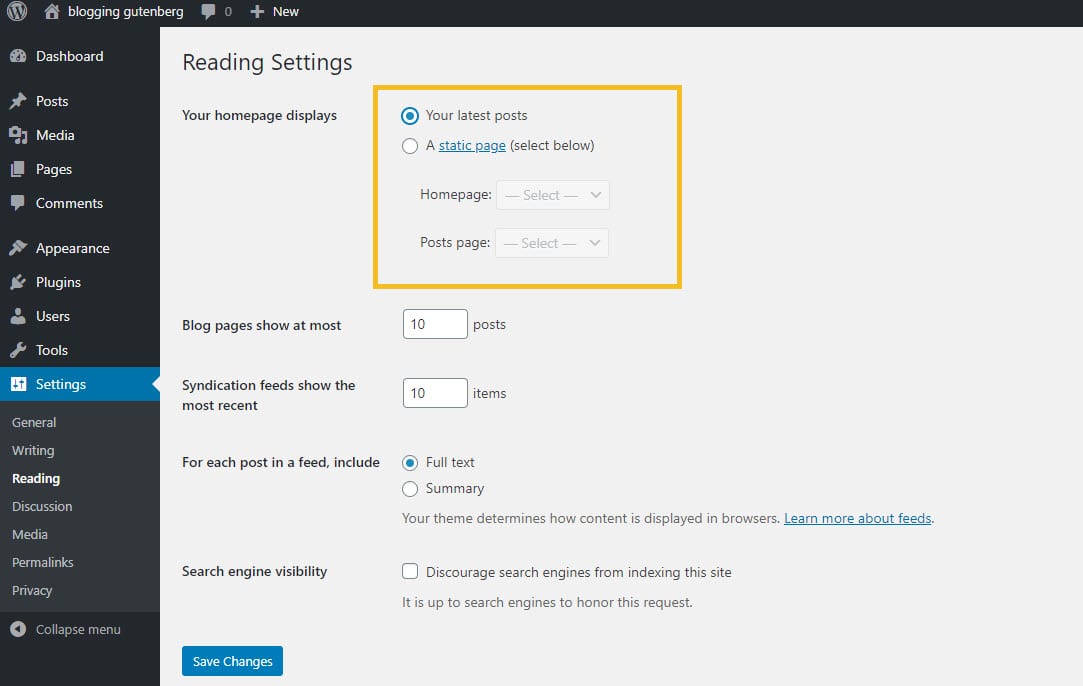 WordPress dashboard - Reading settings