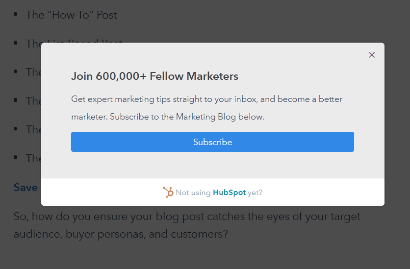 Hubspot pop-up example