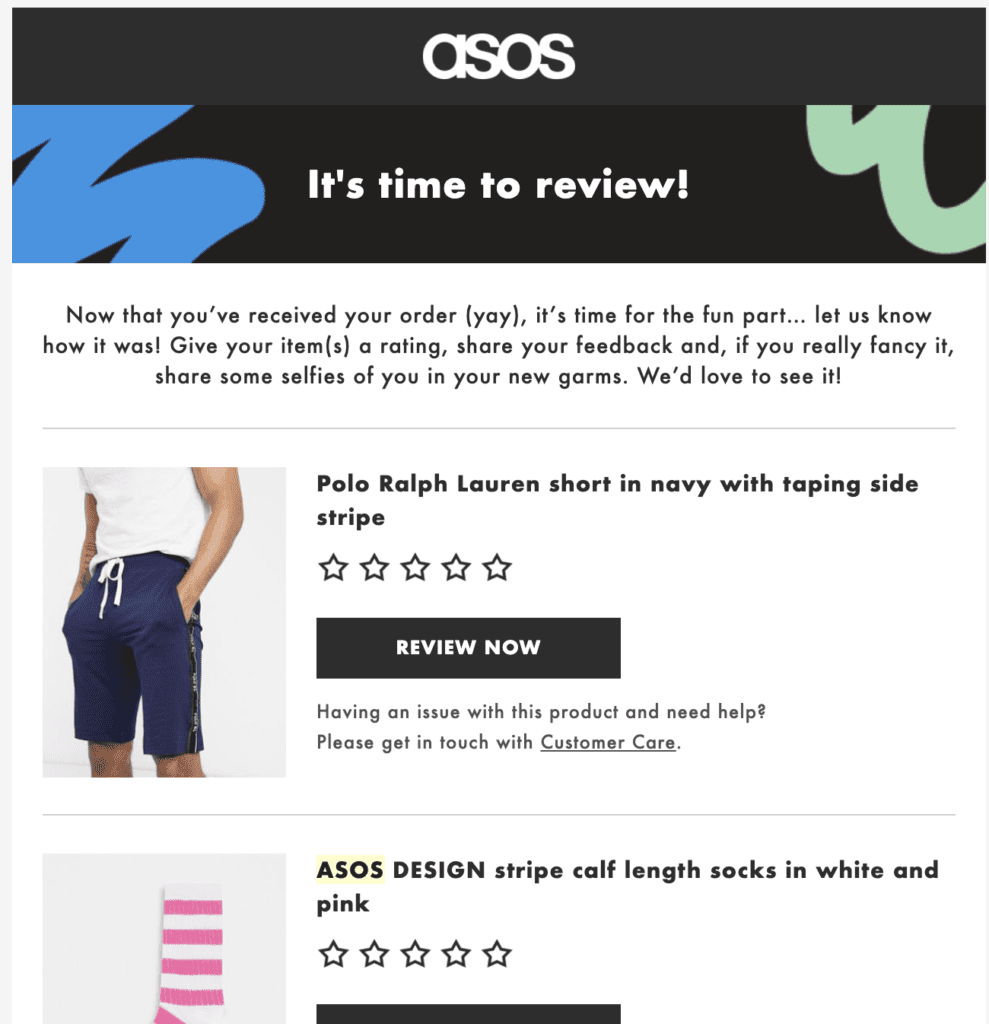 Asos email example for getting reviews