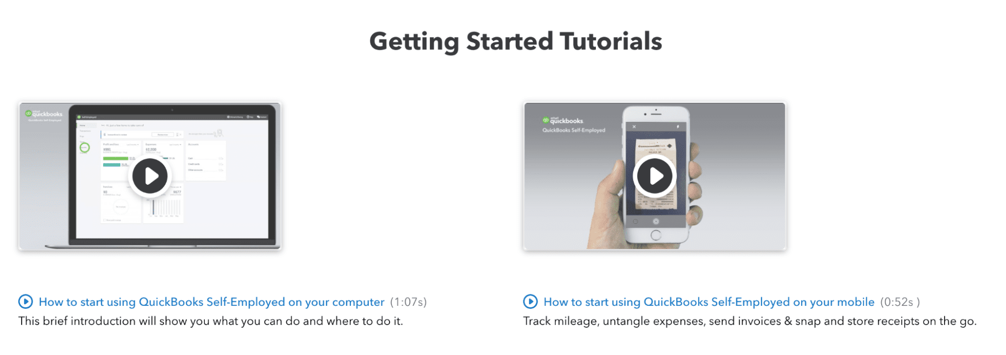Screenshot of Quickbooks Self-Employed tutorials 