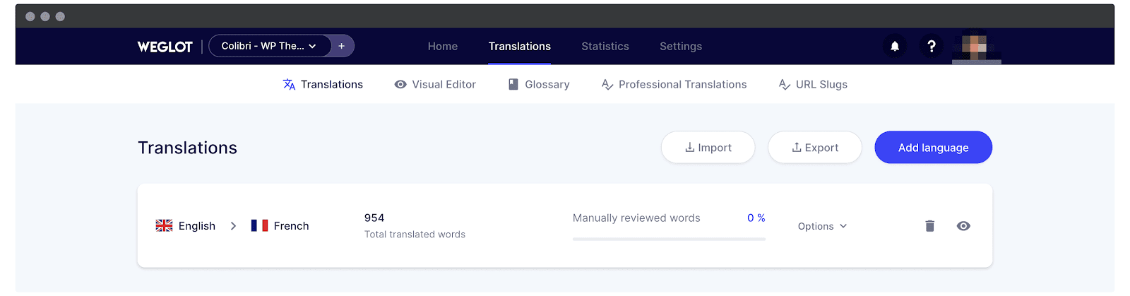 the translations screen in Weglot