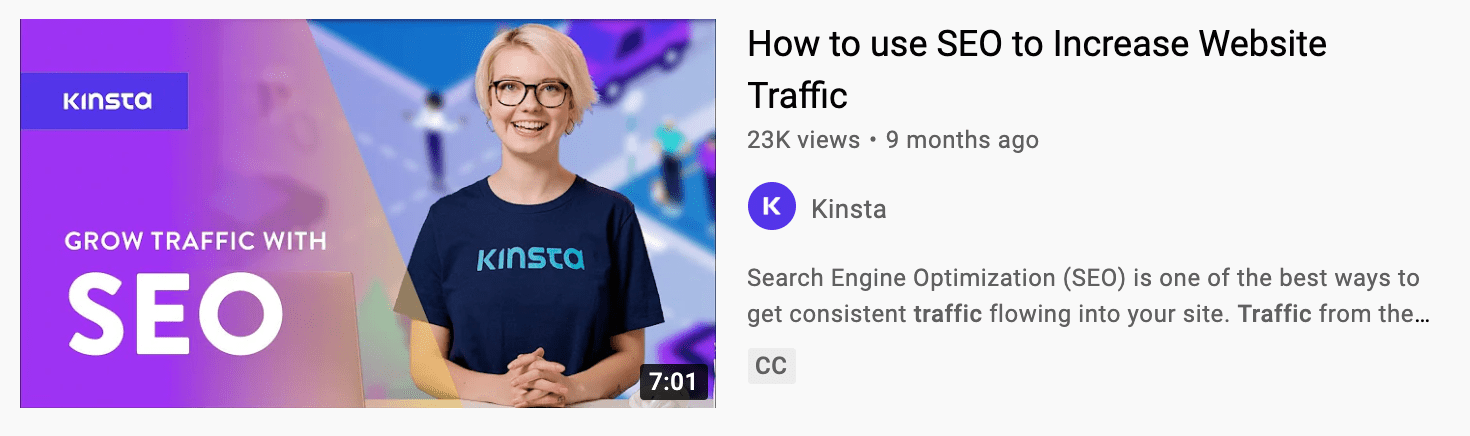 Kinsta video tutorial for How to use SEO to Increase Website Traffic