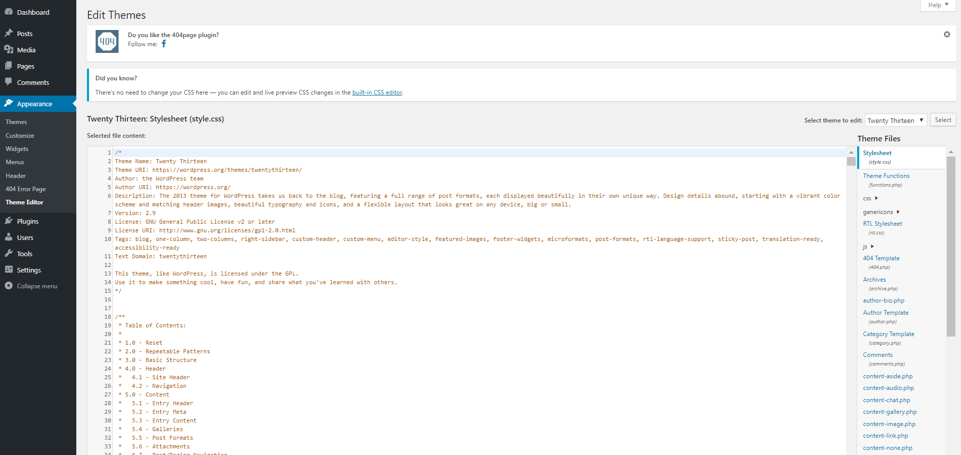 search for 404 page in WP admin